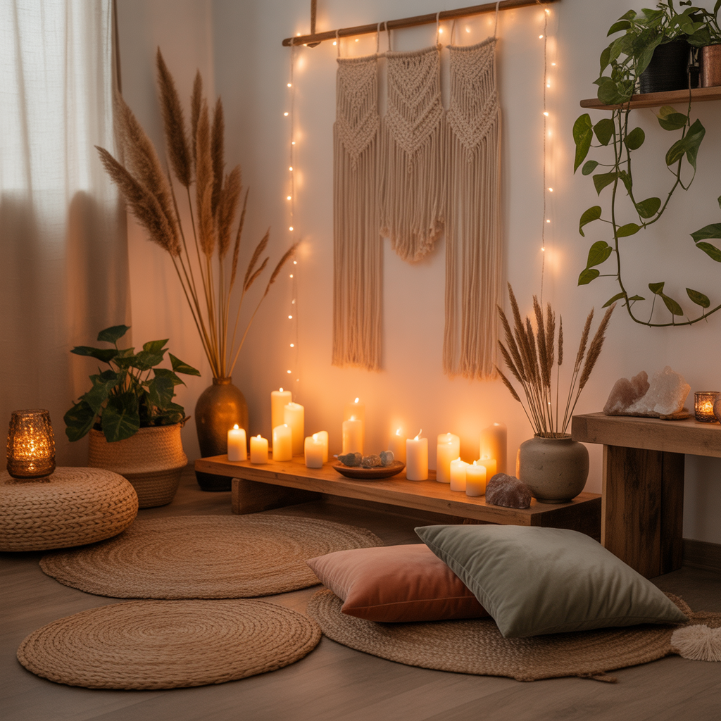 10 Beautiful Boho Meditation Corner Ideas You Can Create at Home 6 Meditation space with lanterns and string lights in boho style.