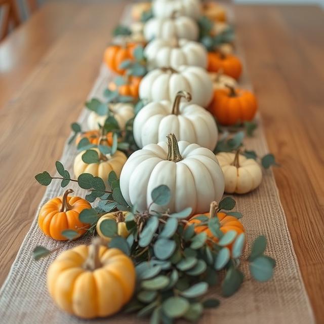 Mini white and orange pumpkins lined down 