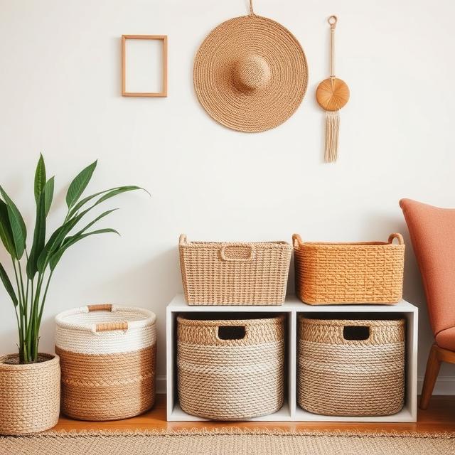 20 Modern Boho Home Décor Ideas for a Stylish 2025 Makeover 13 Minimal and organized modern boho interior with woven storage baskets.