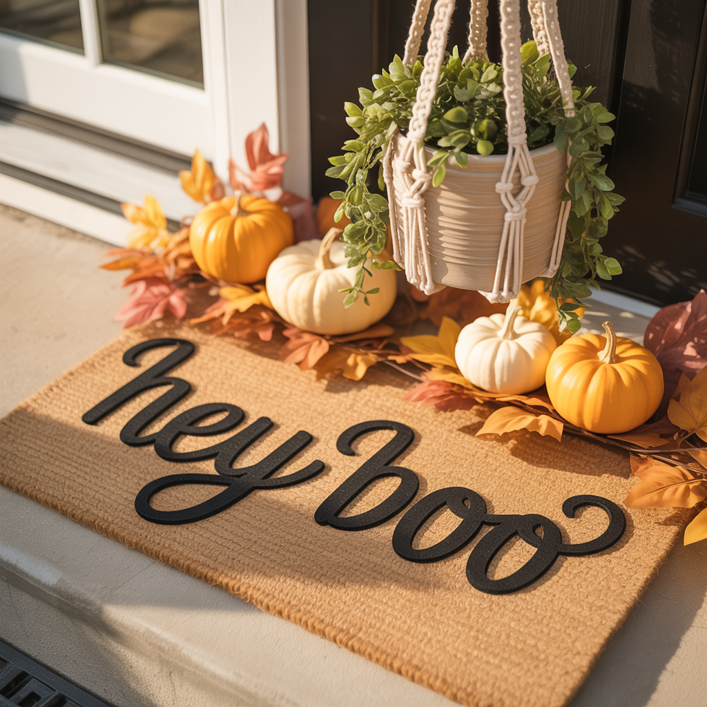 10 Cozy DIY Halloween Boho Door Mats for a Welcoming Entry 4 Minimalist “Hey Boo” Halloween boho door mat with simple black lettering.