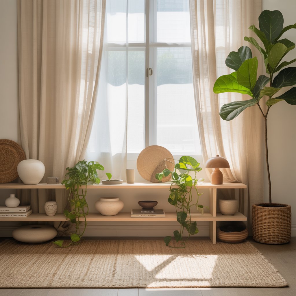 How to Mix Boho and Minimalist Styles for a Balanced Look 8 Minimalist living room with large indoor plants and natural textures.
