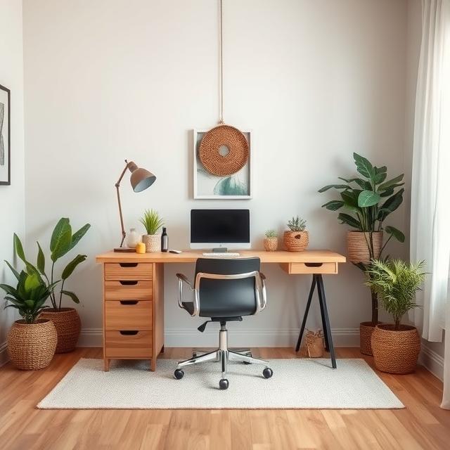 10 Genius Modern Boho Home Office Ideas for a Creative & Inspiring Workspace (2025) 11 Minimalist modern Boho workspace with clean furniture and natural elements.