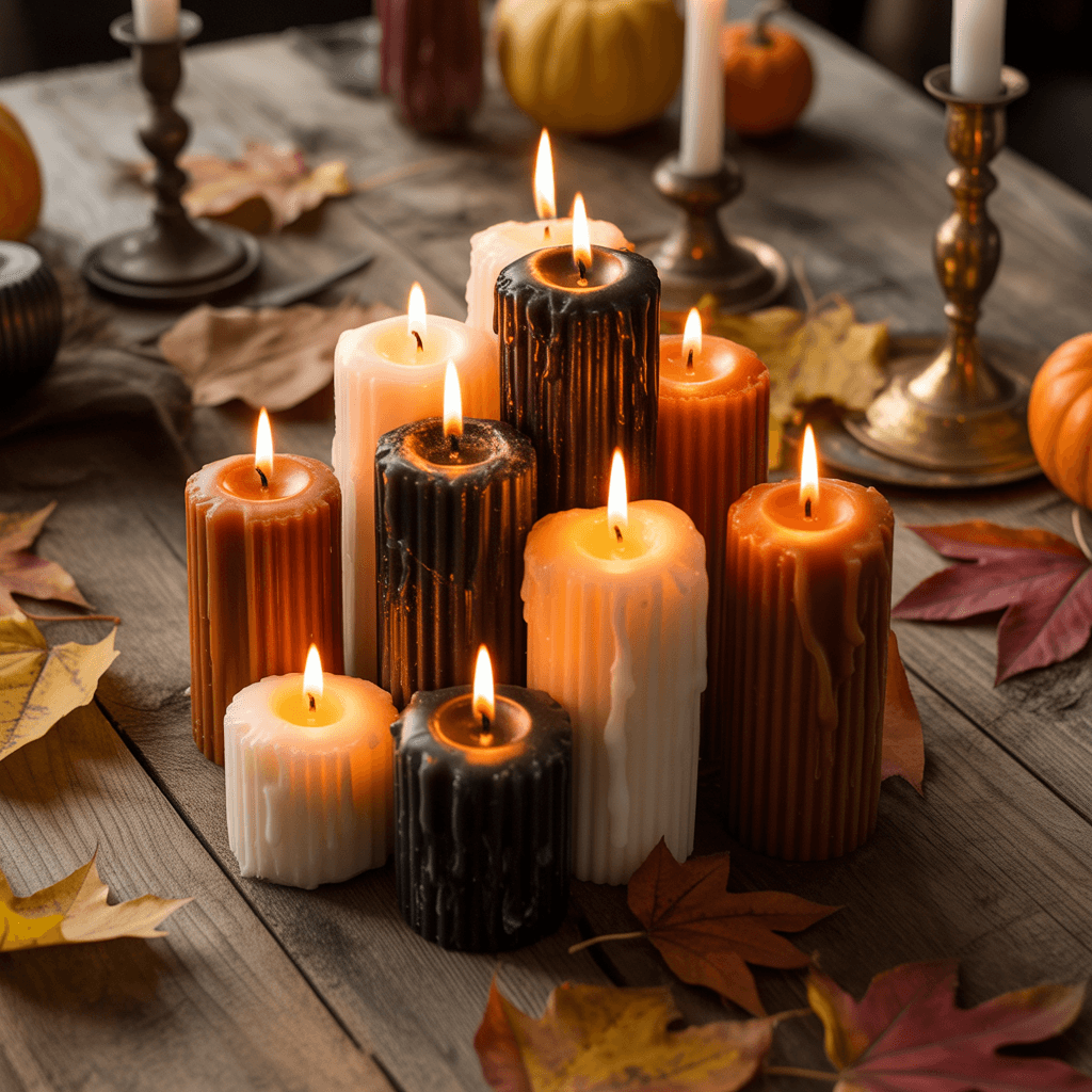 Mixed candle cluster in earthy tones on Halloween table.
