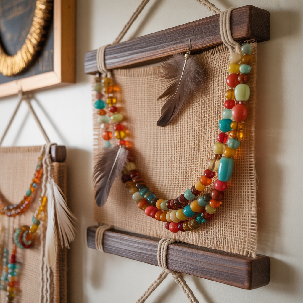 10 Eye-Catching DIY Boho Wall Art Ideas to Add Personality to Your Space 12 Mixed-media wall art with burlap and beads in a DIY Boho Wall Art Ideas setup.