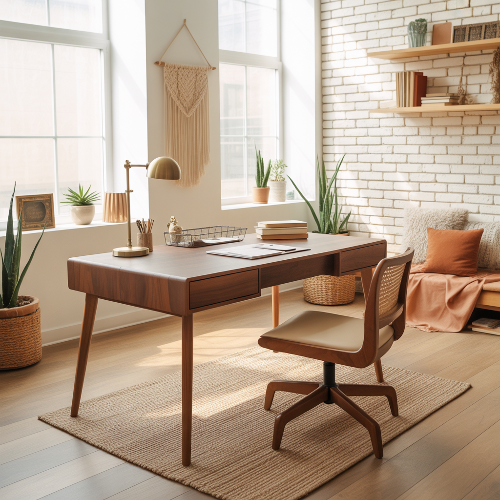 10 Modern Boho Home Office Ideas for a Creative Workspace 2 Modern Boho Home Office Ideas with a sleek wooden desk and woven mat in a creative workspace.