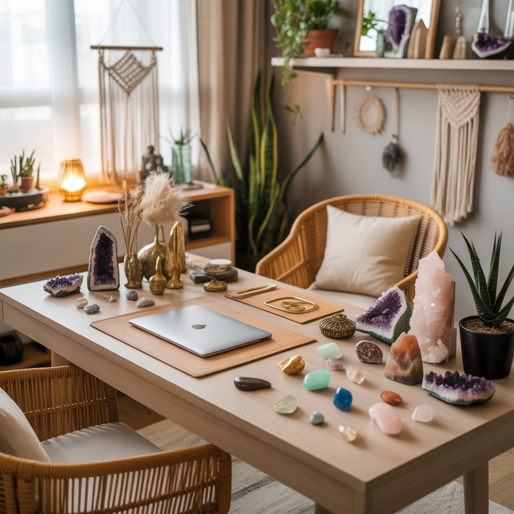 10 Modern Boho Home Office Ideas for a Creative Workspace 11 Modern Boho Home Office Ideas with crystals and trinkets on a desk.