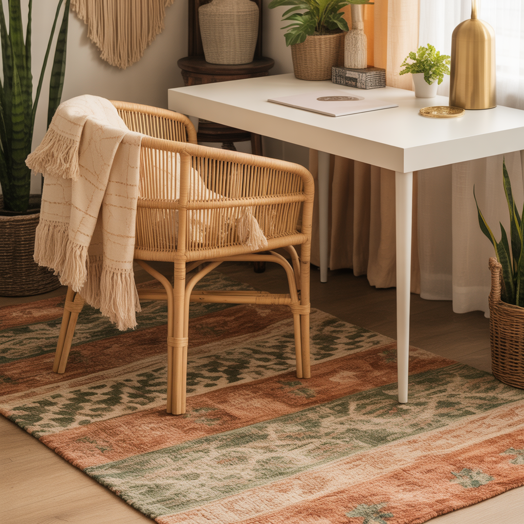 10 Modern Boho Home Office Ideas for a Creative Workspace 6 Modern Boho Home Office Ideas with layered textiles like a fringed throw and patterned rug.