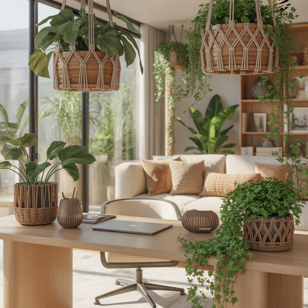 10 Modern Boho Home Office Ideas for a Creative Workspace 4 Modern Boho Home Office Ideas with lush indoor plants in macramé planters on a desk.