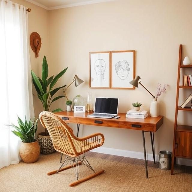Modern Boho office with beige walls, rattan chair, and wooden accents.