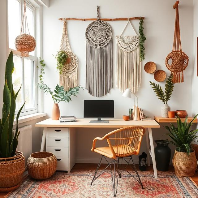 10 Genius Modern Boho Home Office Ideas for a Creative & Inspiring Workspace (2025) 10 Modern Boho office with handmade macramé and pottery pieces.