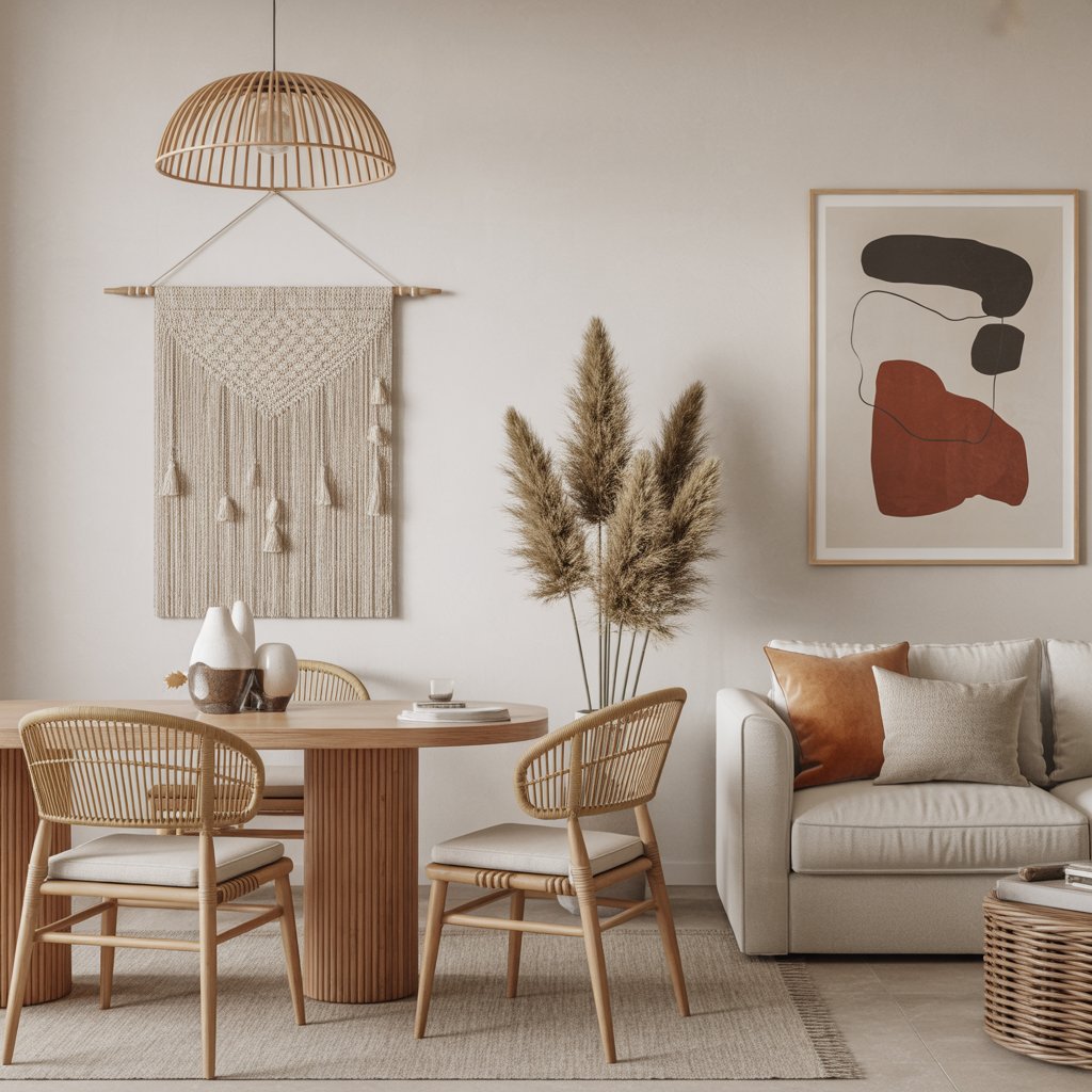 How to Mix Boho and Minimalist Styles for a Balanced Look 11 Modern abstract artwork above neutral sofa in minimalist boho living room.