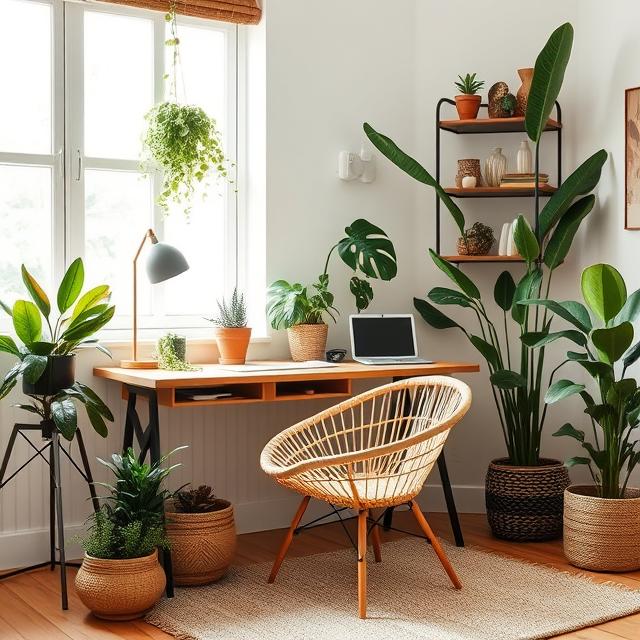 20 Modern Boho Home Décor Ideas for a Stylish 2025 Makeover 20 Modern boho home office with rattan chair and indoor plants.