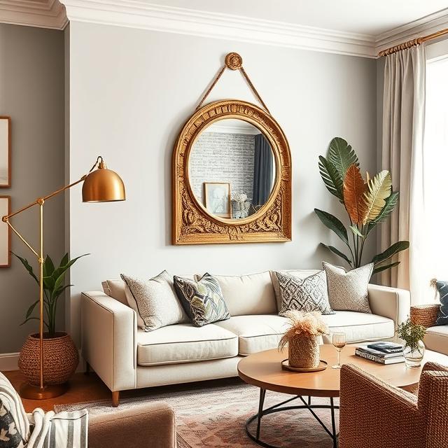 Modern boho living room with brass lamp, gold-framed mirror and natural textures, cozy and stylish interior
