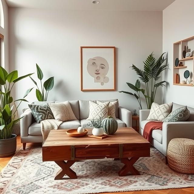 Modern boho living room with mix of sleek sofa and vintage wooden coffee table, layered textiles, indoor plants