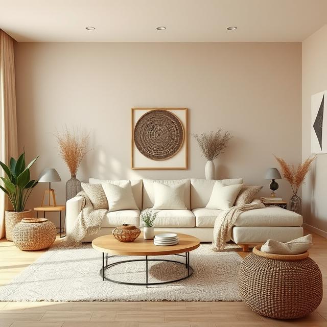 Modern boho living room with neutral beige walls, cream sofa, natural textures, cozy lighting, minimalist decor, realistic style