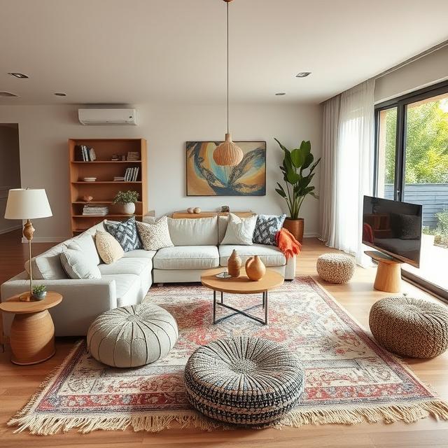 Modern boho living room with open seating layout, neutral sofa, poufs, rugs and layered textures