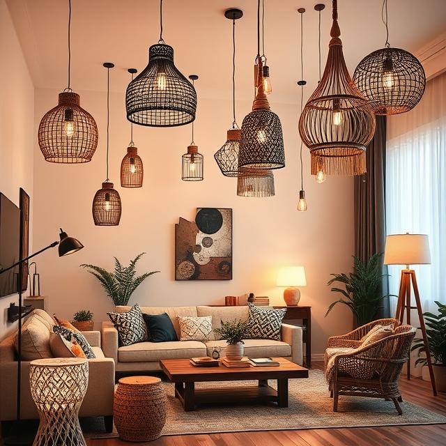 Modern boho living room with woven pendant lights, lanterns, string lights and floor lamps, warm cozy glow