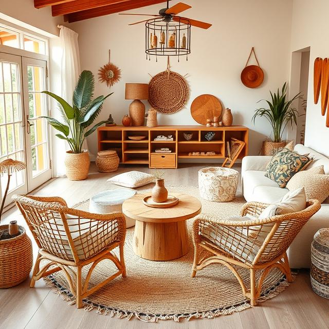 Modern boho living space featuring rattan chairs, cane furniture, jute rug, and wooden decor accents, warm daylight