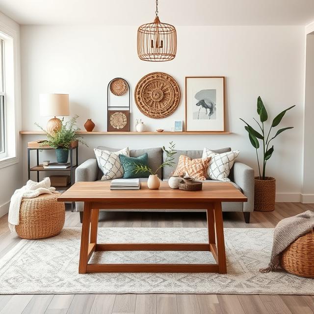 20 Modern Boho Home Décor Ideas for a Stylish 2025 Makeover 7 Modern minimalist living room with boho décor accents and wooden table.