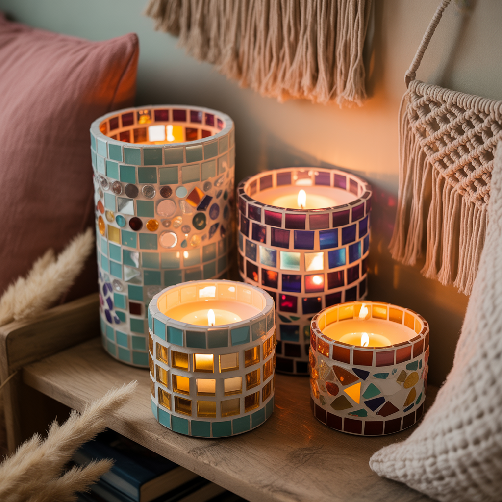 10 Amazing Ways to Make Your Own Boho Candle Holders and Décor 12 Mosaic tile Boho Candle Holders with colorful tiles in a cozy nook.