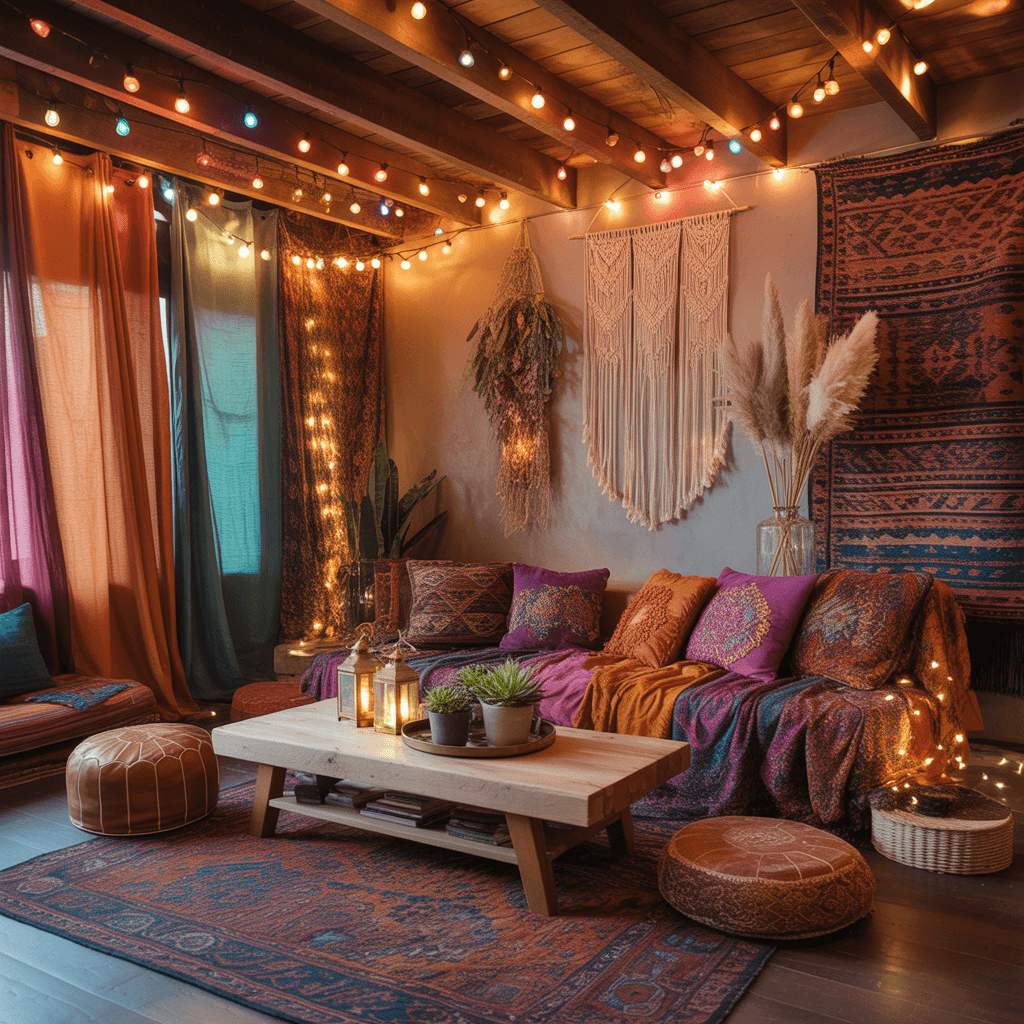 Multicolored fairy lights in a Colorful Boho Interiors setup.