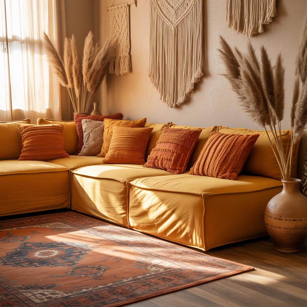 10 Boho Color Palettes to Refresh Your Space in 2025 6 Mustard and burnt orange color palette in boho interior.