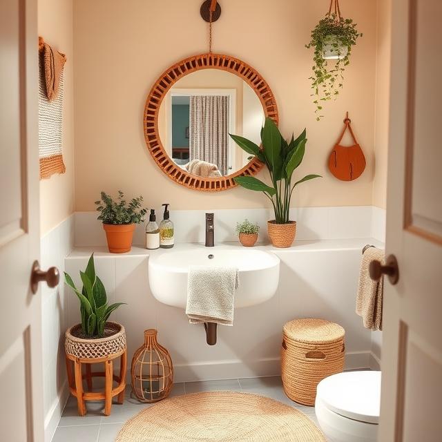 10 Boho Bathroom Ideas: Turn Your Bath Into a Relaxing Oasis 5 Natural Boho bathroom design featuring bamboo tray and candles.