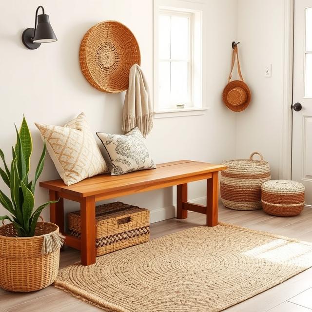 10 Boho Entryway Ideas 2025: Create a Warm Welcome on a Budget 3 Natural boho entryway with wooden bench, jute rug, and woven baskets.