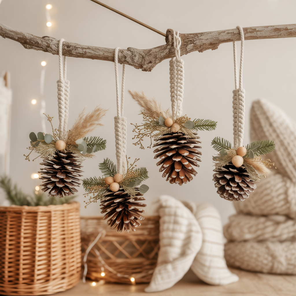 10 Stunning Boho Christmas Décor Ideas for a Whimsical Holiday Look 6 Natural pinecone ornaments in a Boho Christmas Décor Ideas setup.