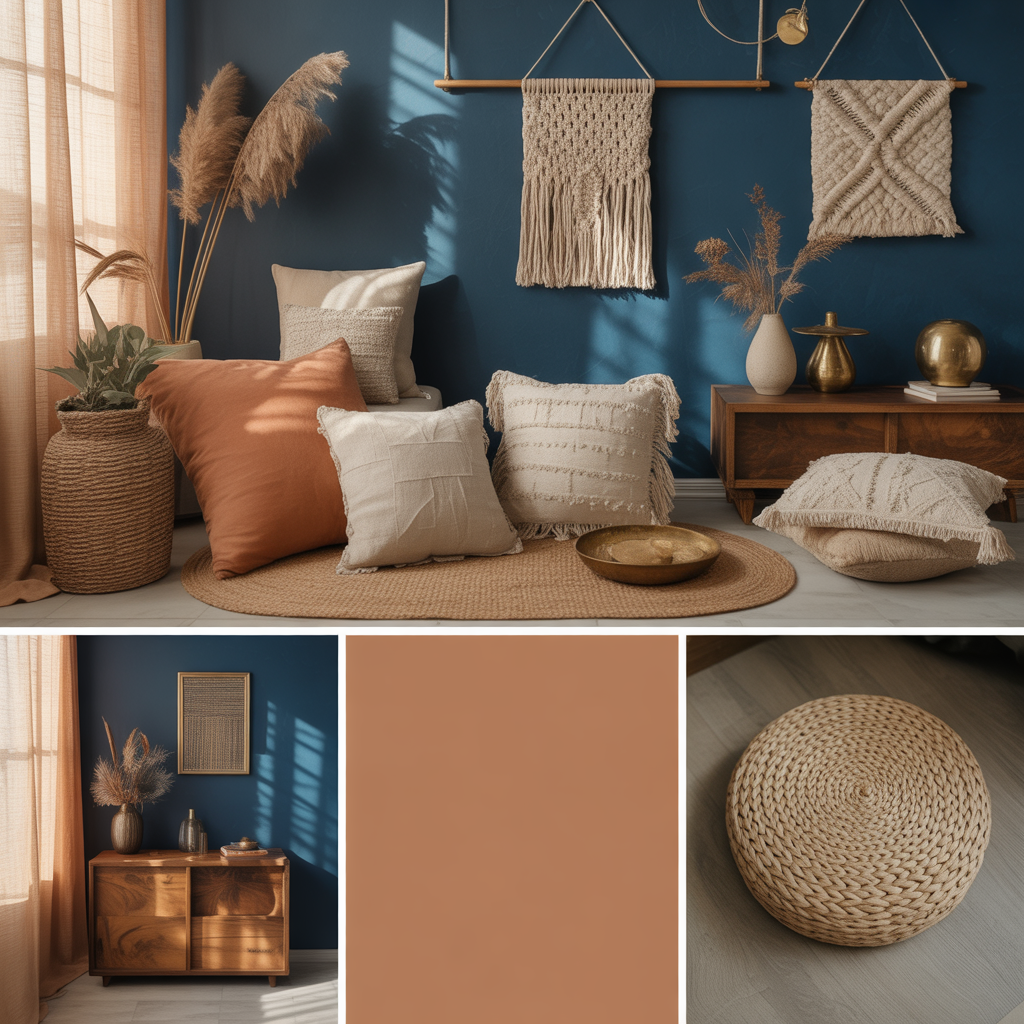 10 Boho Color Palettes to Refresh Your Space in 2025 11 Navy and clay boho color palette with linen accents.