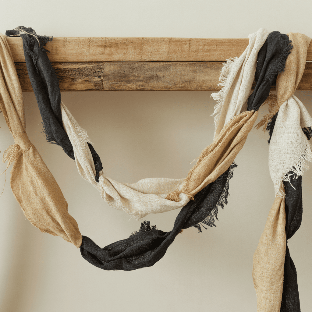 Neutral fabric scrap garland with black frayed edges.