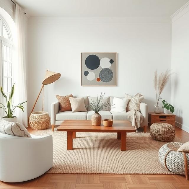 Neutral minimalist boho living room with white walls, wooden coffee table, and beige rug.