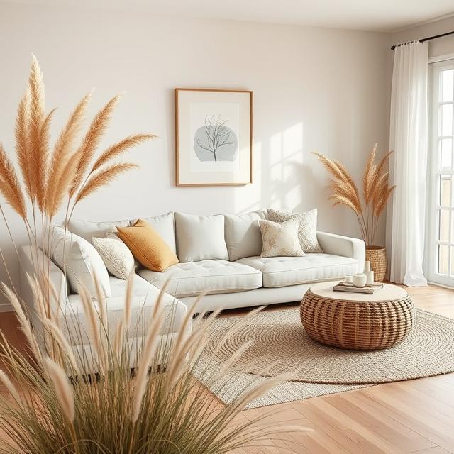20 Modern Boho Home Décor Ideas for a Stylish 2025 Makeover 3 Neutral modern boho living room with beige sofa, woven rug, and pampas grass.