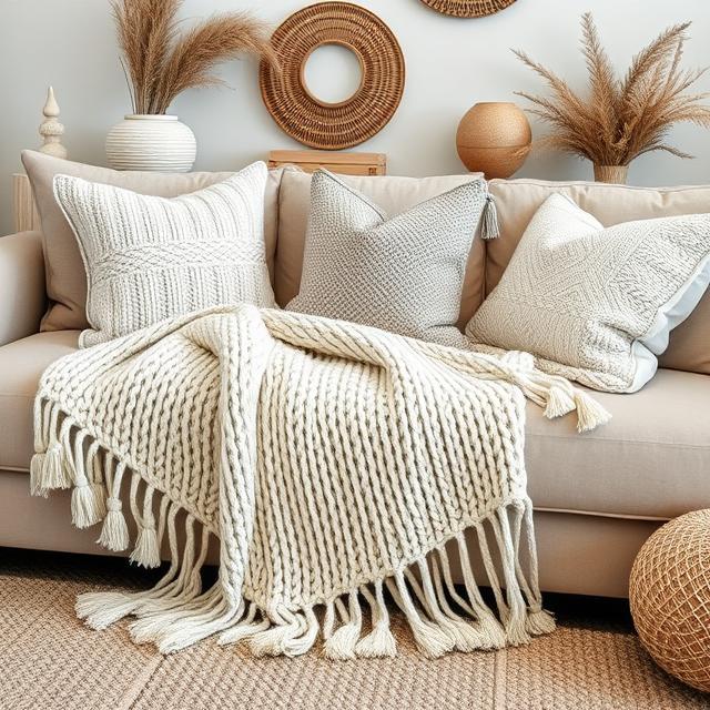 Neutral sofa with chunky knit throw blanket, tasseled pillows and cozy boho decor, natural textures and soft lighting