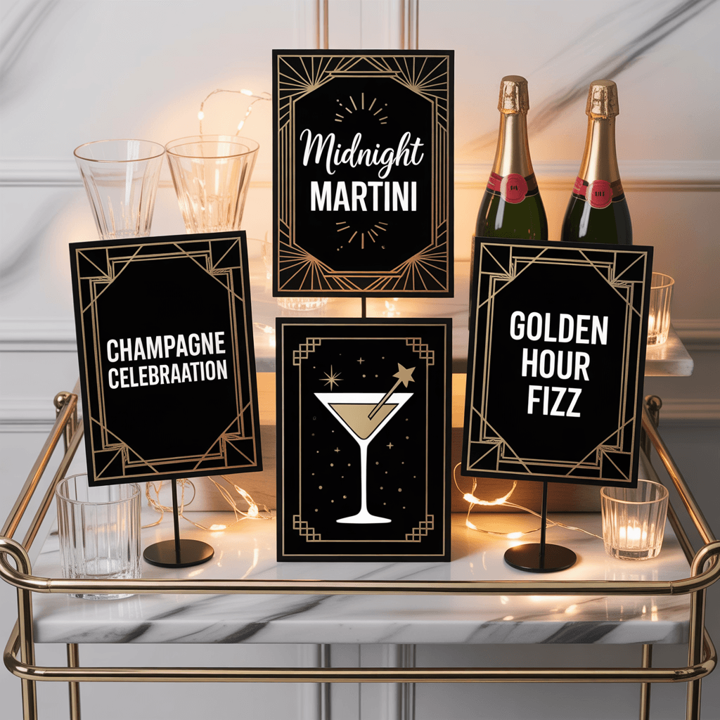 New Year’s Eve Party Printables with cocktail signs on a bar.