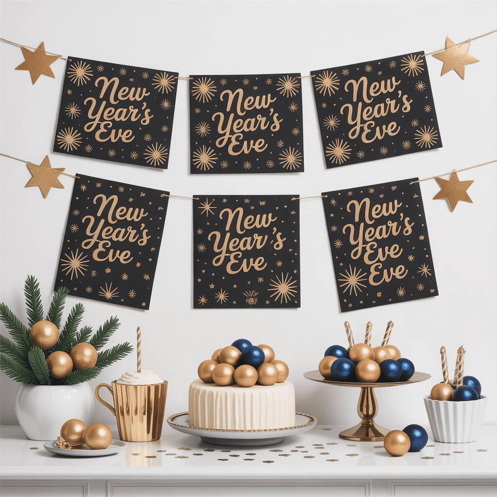  New Year’s Eve Party Printables with starry banner on a wall.