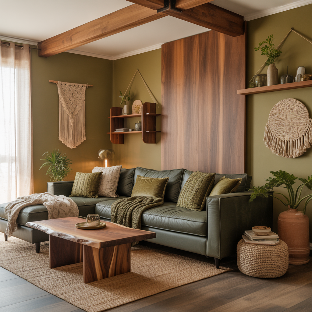 10 Boho Color Palettes to Refresh Your Space in 2025 7 Olive and charcoal boho home color palette with wood accents.