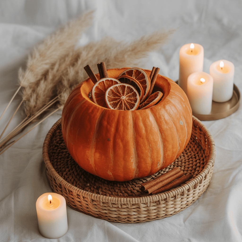 Open pumpkin filled with dried orange slices and cinnamon sticks as potpourri.