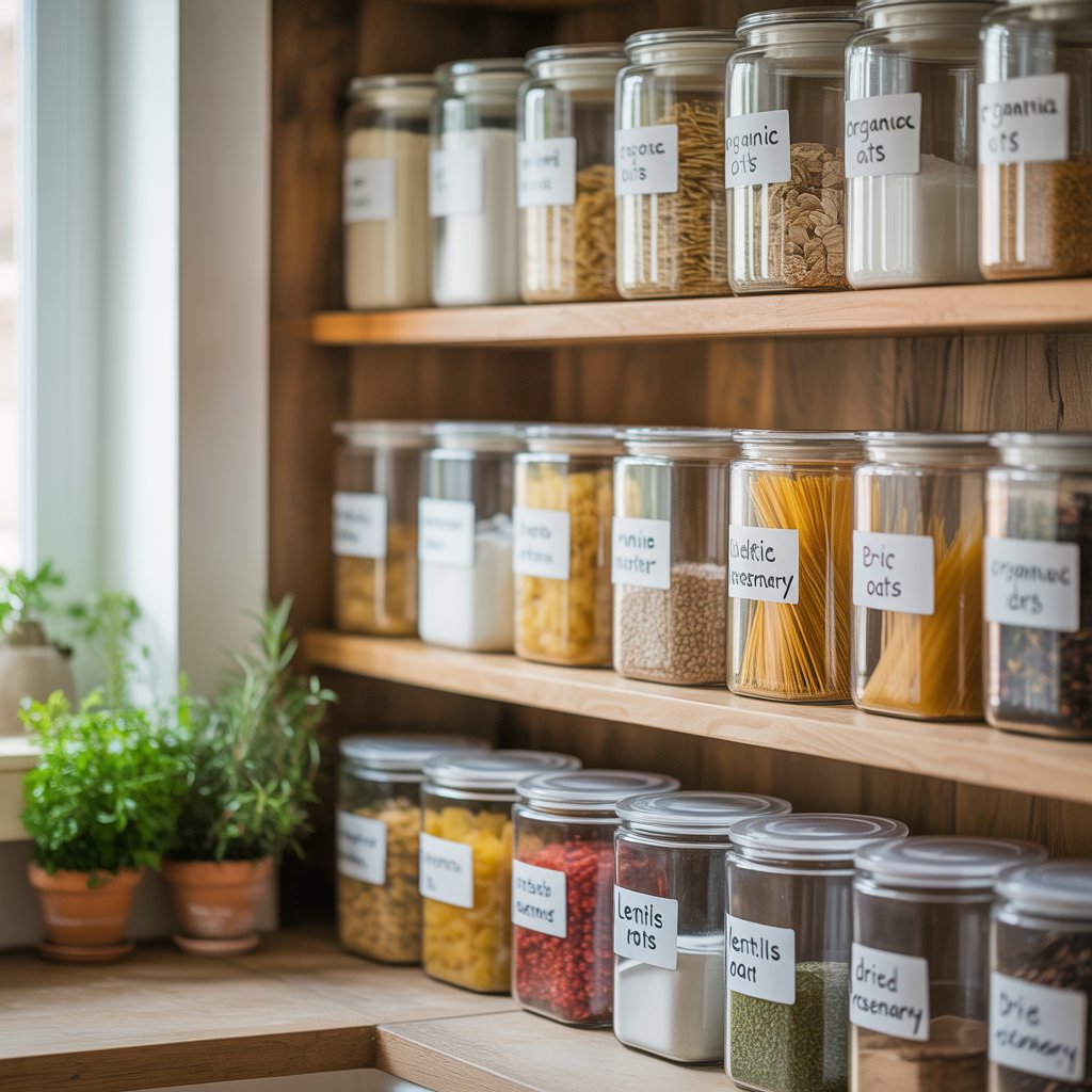 Organize pantry with jars and baskets – small kitchen storage idea