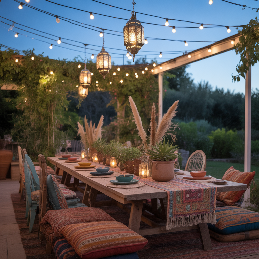 Best Style an Outdoor Boho Dining Area for Summer 2025 6 Outdoor Boho Dining Area glowing with fairy lights and Moroccan lanterns for Summer 2025.