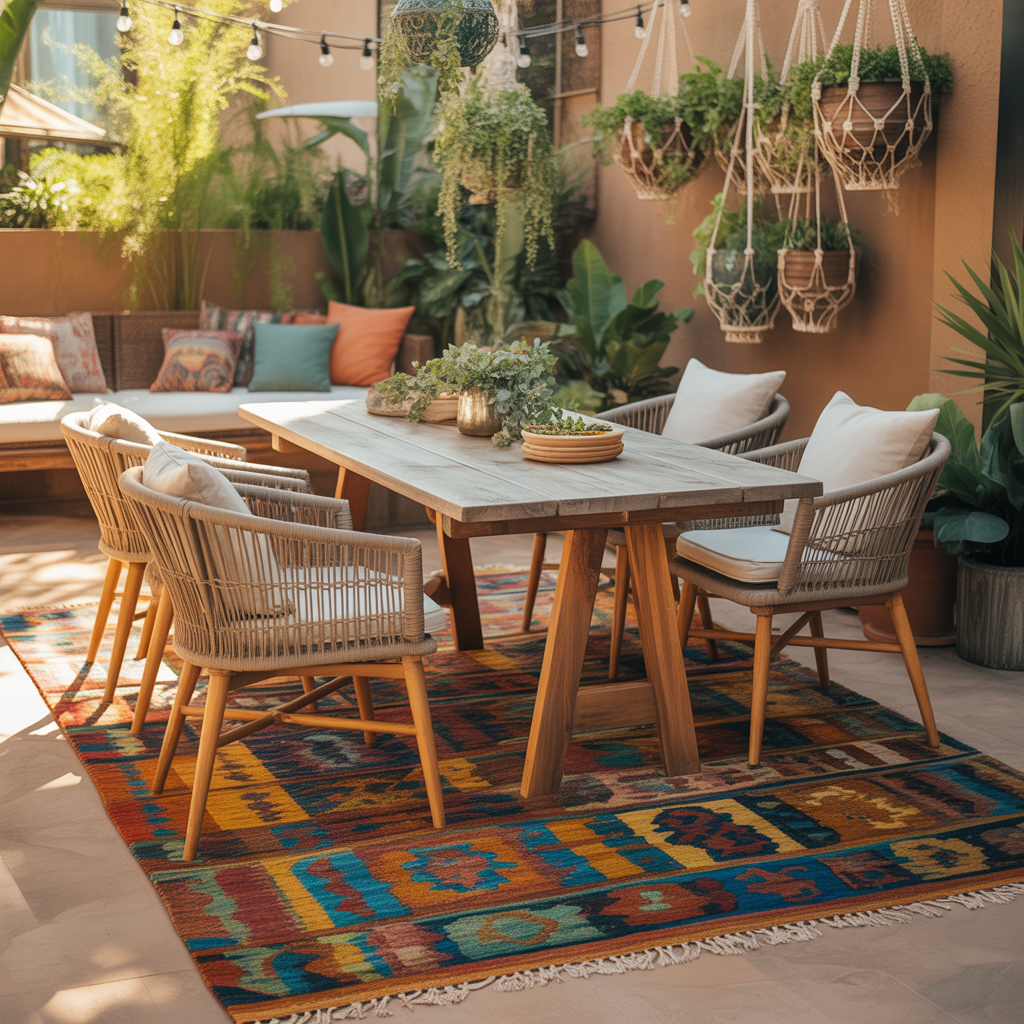 Best Style an Outdoor Boho Dining Area for Summer 2025 11 Outdoor Boho Dining Area with a colorful Moroccan rug under a dining table for Summer 2025.