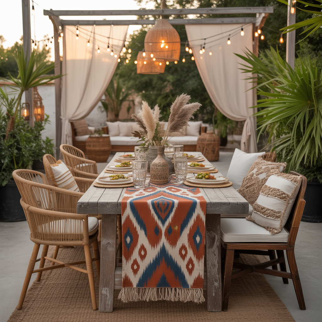 Best Style an Outdoor Boho Dining Area for Summer 2025 2 Outdoor Boho Dining Area with a rustic wooden table and ikat runner for Summer 2025.