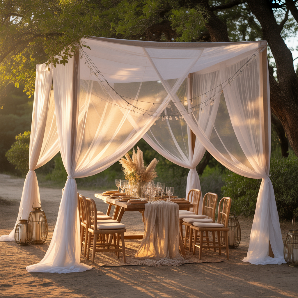 Best Style an Outdoor Boho Dining Area for Summer 2025 9 Outdoor Boho Dining Area with a sheer canopy and fairy lights for Summer 2025.