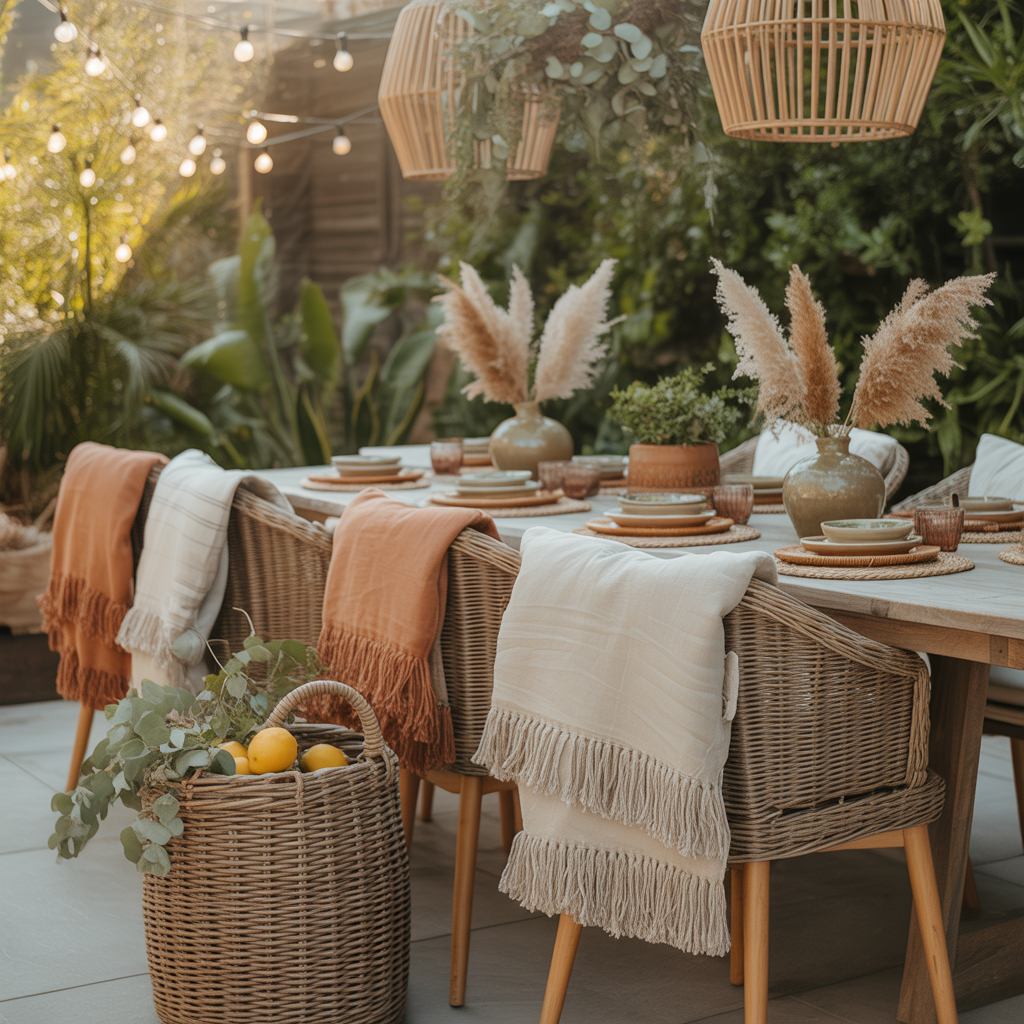 Best Style an Outdoor Boho Dining Area for Summer 2025 8 Outdoor Boho Dining Area with fringed throws and a woven basket for Summer 2025.