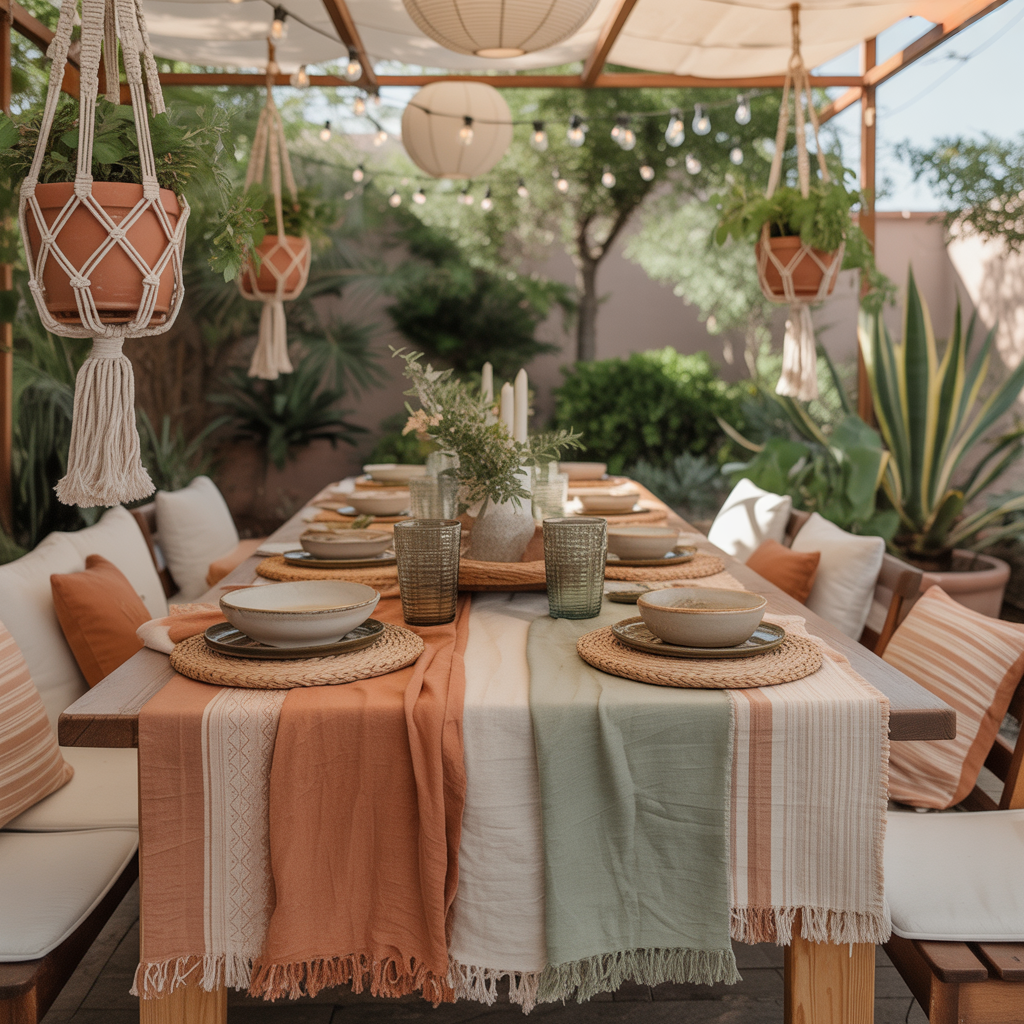Best Style an Outdoor Boho Dining Area for Summer 2025 4 Outdoor Boho Dining Area with layered table linens and fringed napkins for Summer 2025.