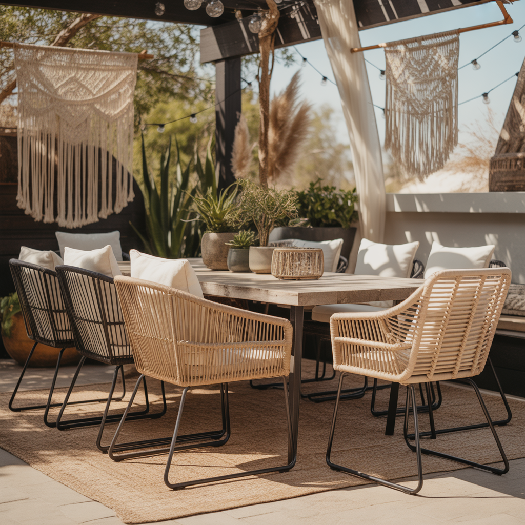 Best Style an Outdoor Boho Dining Area for Summer 2025 3 Outdoor Boho Dining Area with mismatched wicker and metal chairs for Summer 2025.