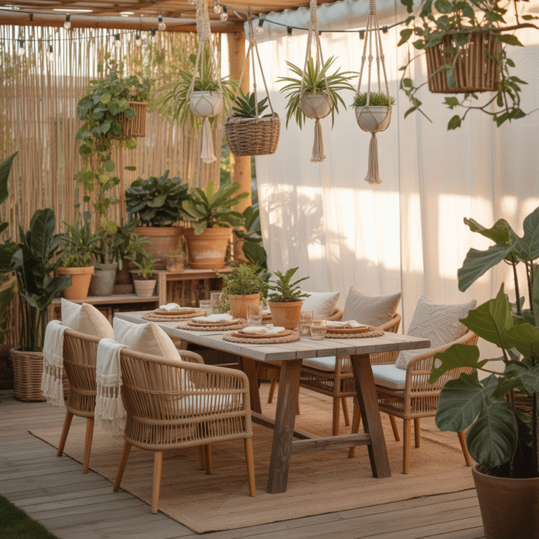 Outdoor Boho Dining Area with potted plants and macramé hangers for Summer 2025.