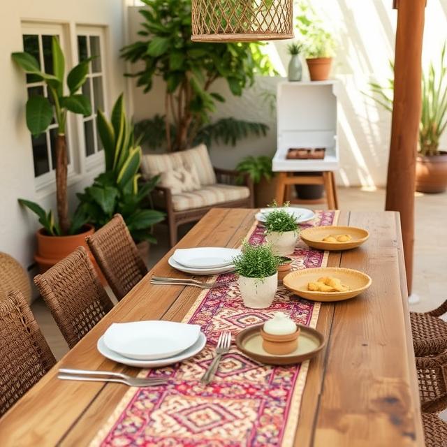 10 Outdoor Boho Patio Ideas for a Cozy Backyard Retreat (2025) 11 Outdoor Boho dining area with patterned table runner and natural dishware.