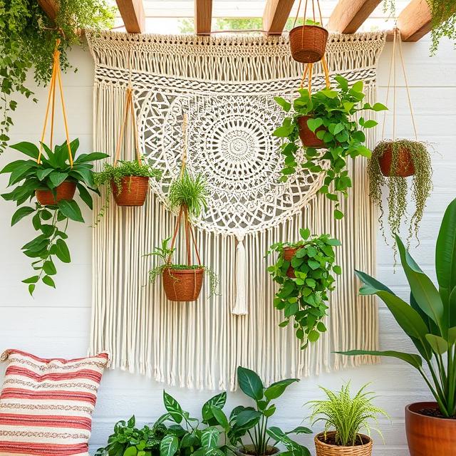10 Outdoor Boho Patio Ideas for a Cozy Backyard Retreat (2025) 9 Outdoor Boho patio wall with macramé tapestry and hanging plants.