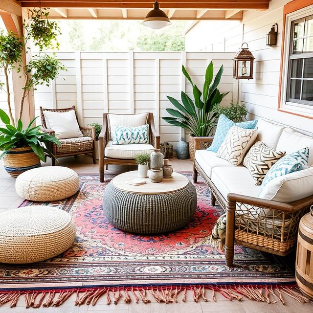 10 Outdoor Boho Patio Ideas for a Cozy Backyard Retreat (2025) 3 Outdoor Boho patio with layered rugs, poufs, and natural cushions.